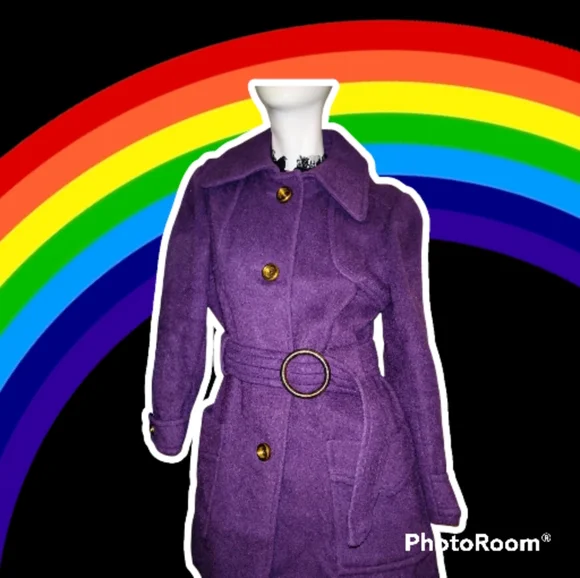 💜1960's-1970's Vintage Purple Wool Belted Coat - Picture 4 of 15